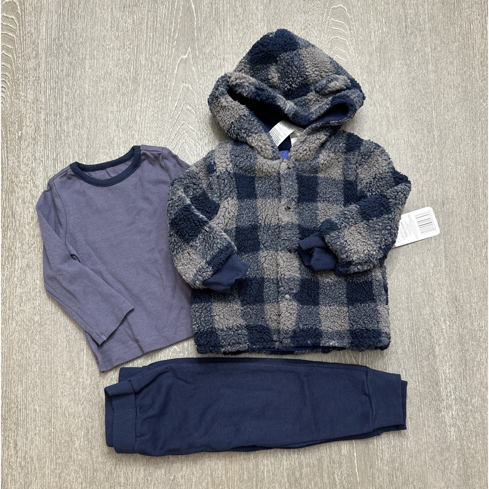 Mini B Baby Boy 12M 3-Piece Outfit Set Plaid Fuzzy Hooded Jacket Shirt Pants